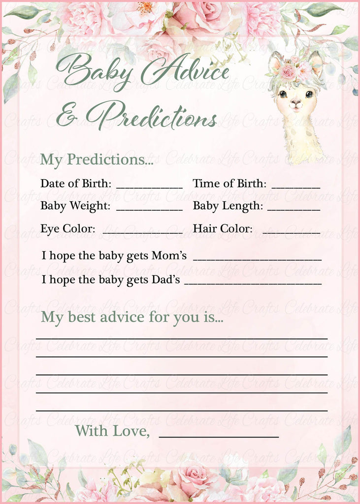 Llama Baby Shower Prediction and Advice Cards