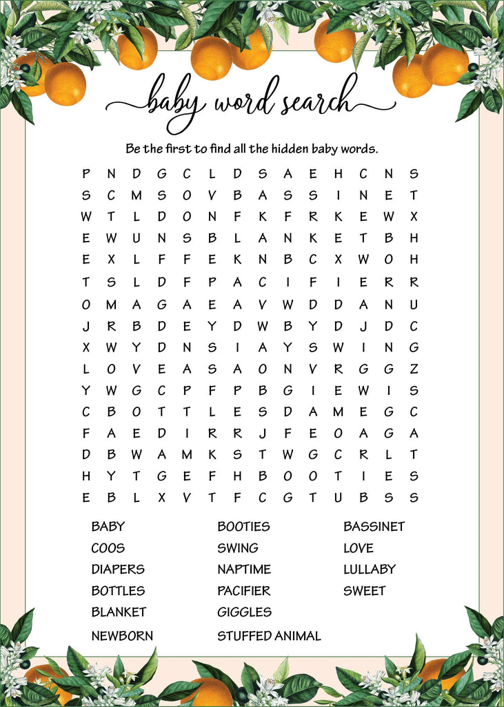 Little Cutie Baby Shower Baby Word Search
