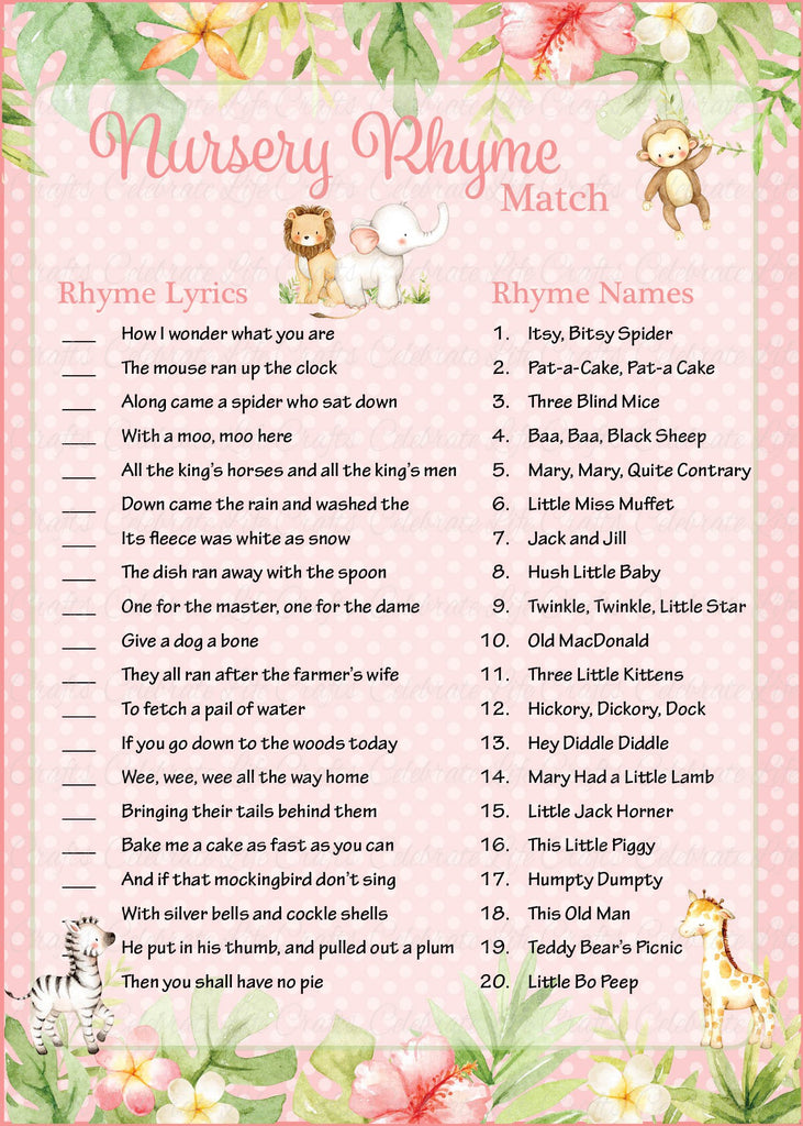 Pink Safari Baby Shower Nursery Rhyme Match Game