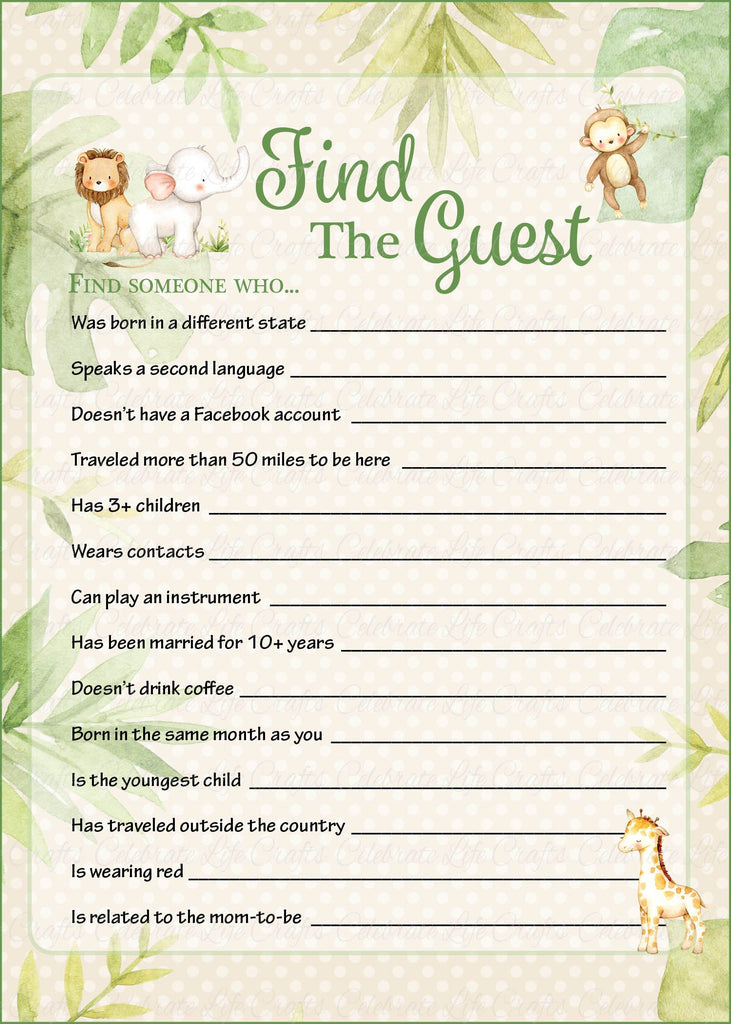 Safari Baby Shower Find The Guest Game