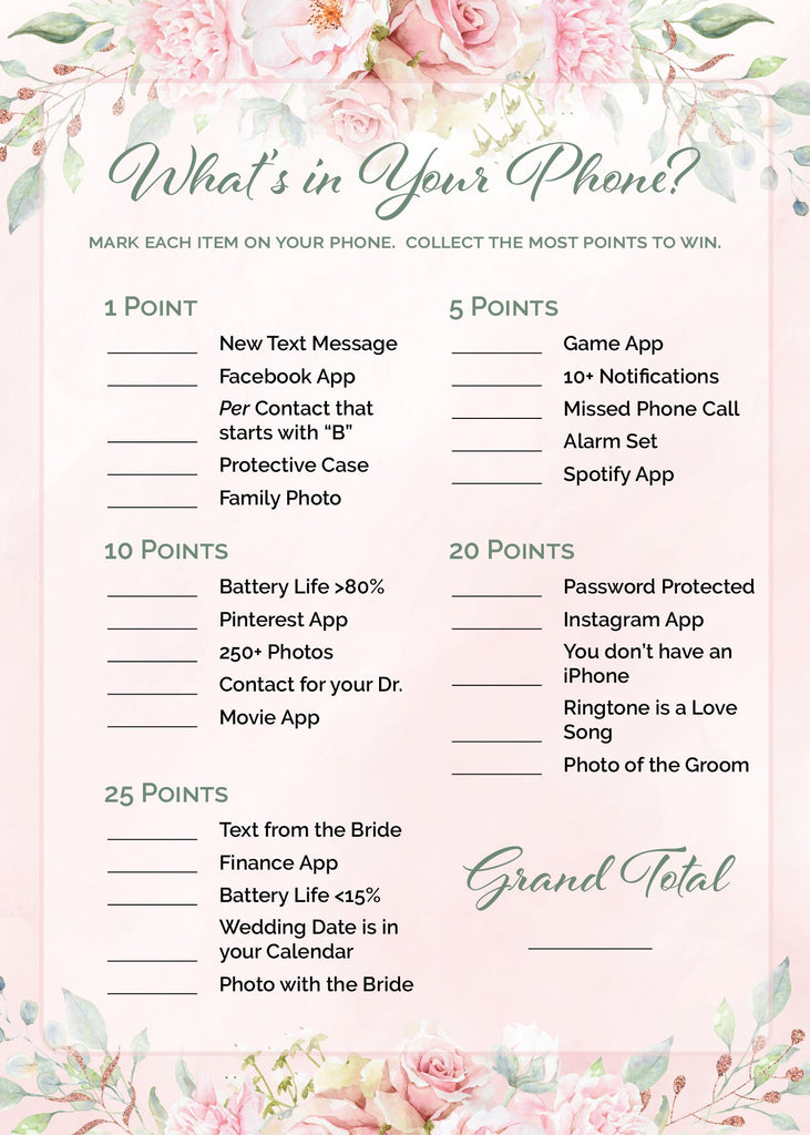What's in Your Phone Bridal Shower Game