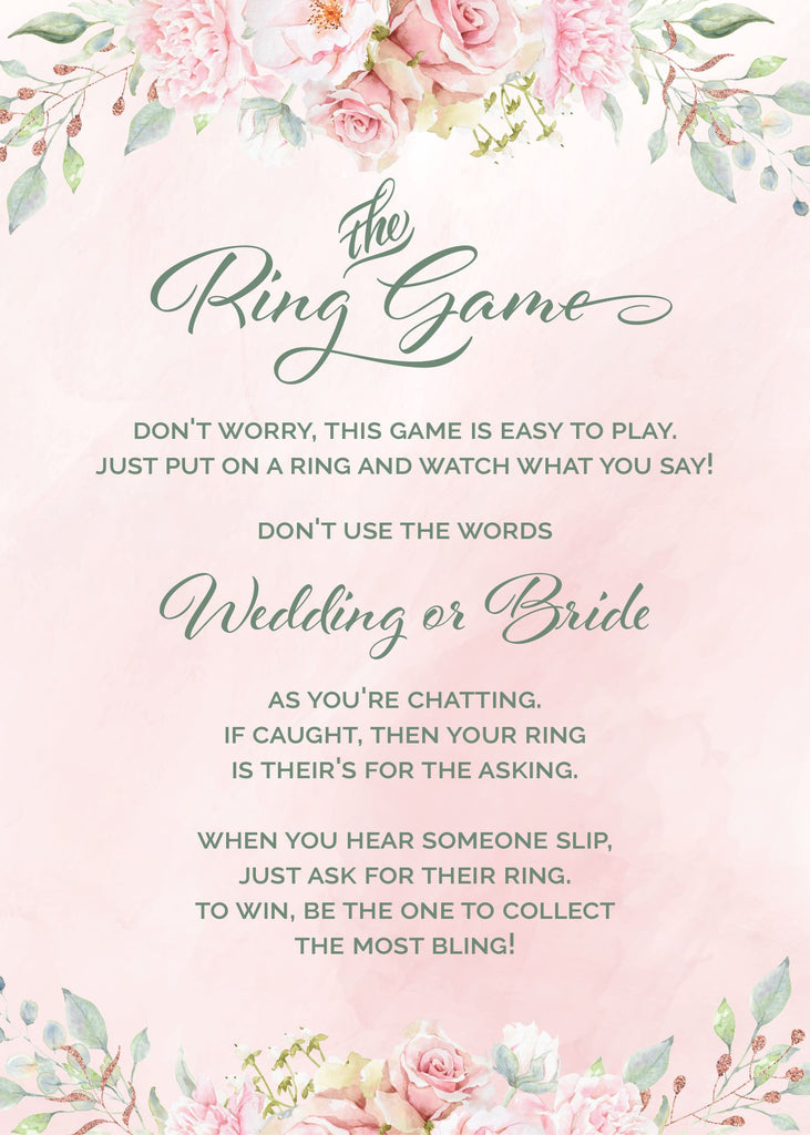 Pink Floral Bridal Shower Ring Game Sign
