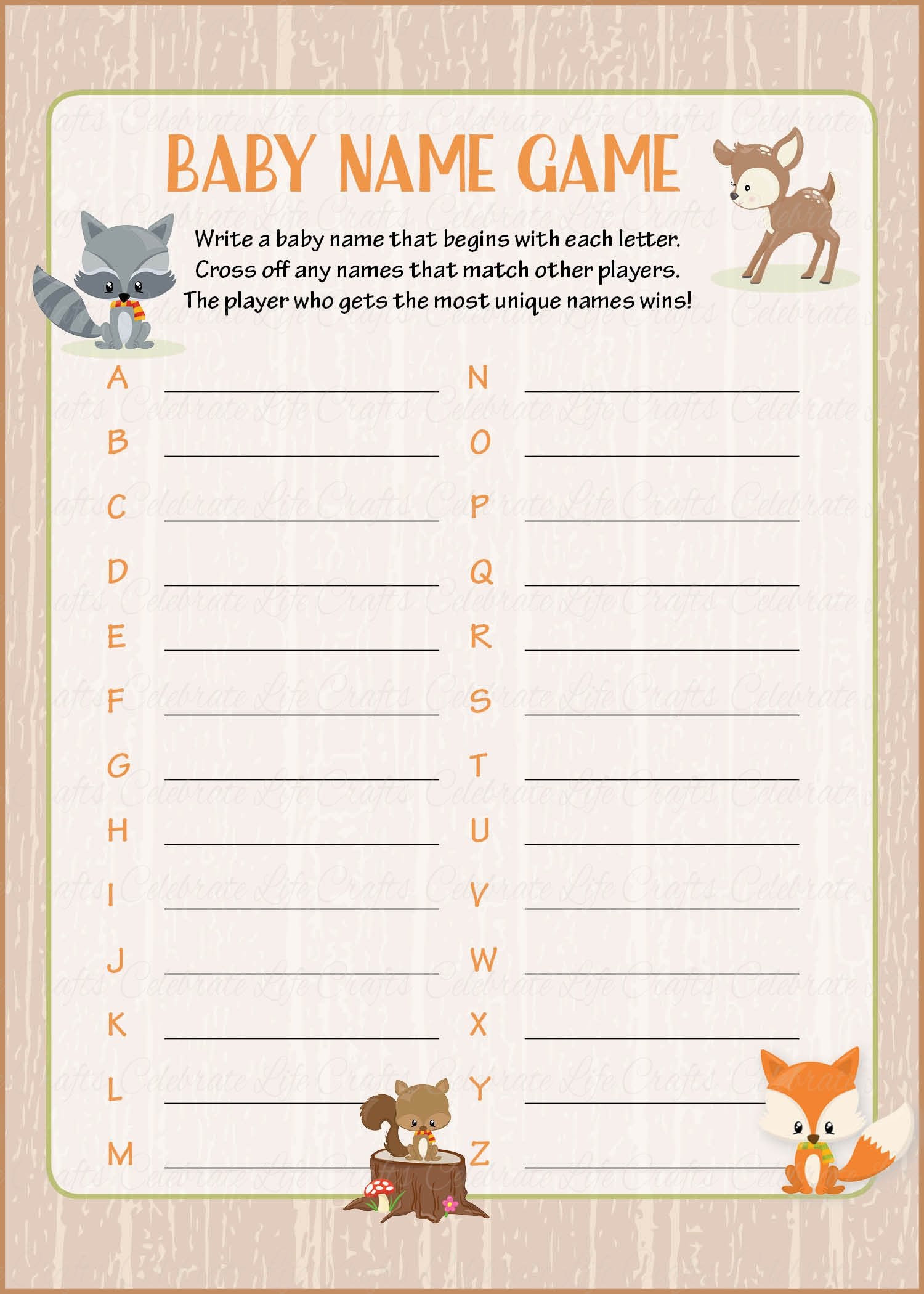 Name the Baby Animal, Woodland Theme Baby Shower Games Printable
