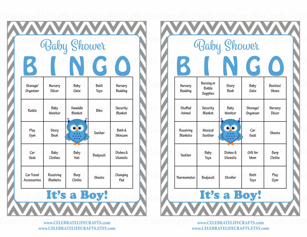 Owl Baby Shower Game | Instant Download | Blue & Gray Baby Bingo