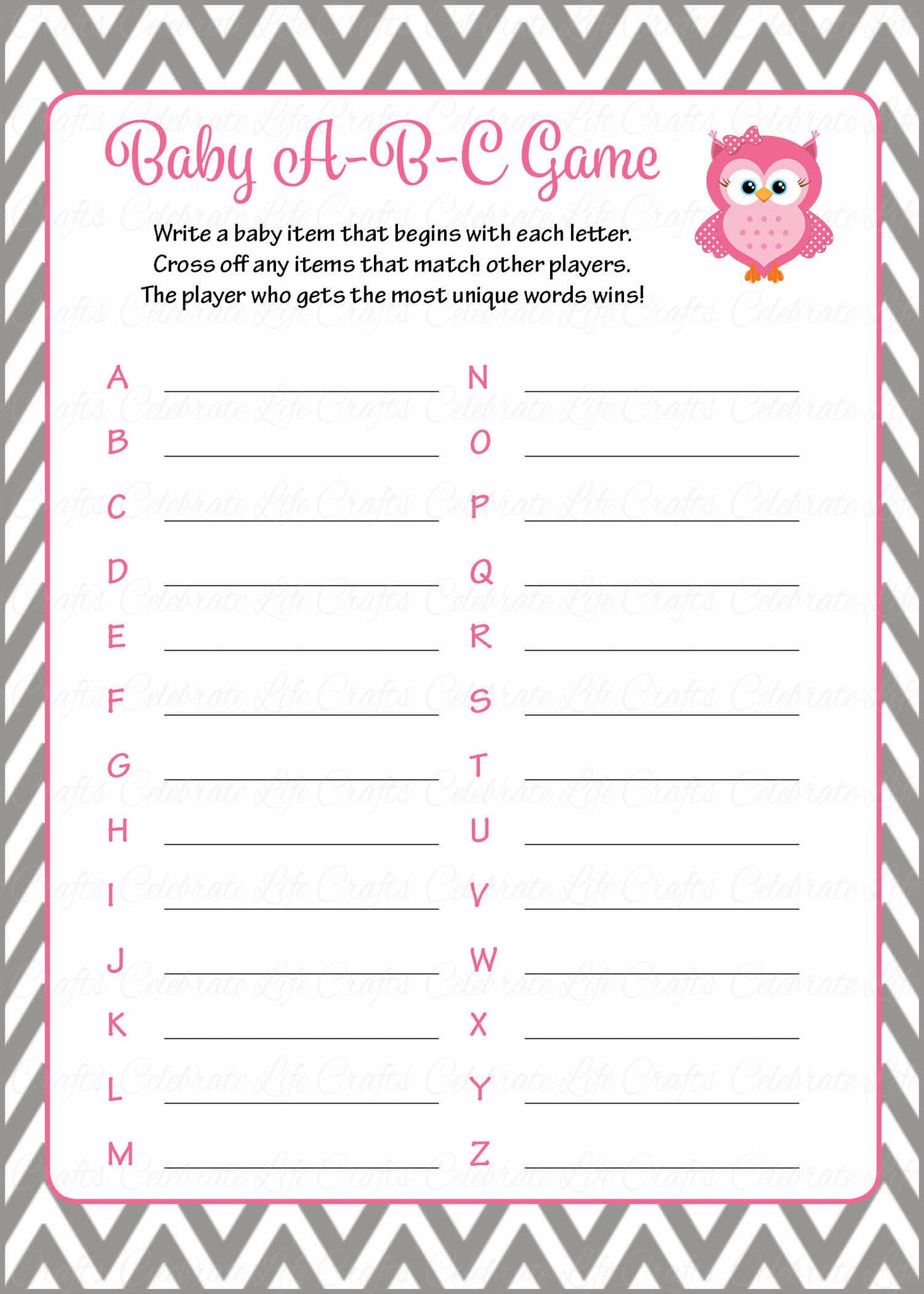 Baby ABC's Baby Shower Game - Owl Baby Shower Theme for Baby Girl