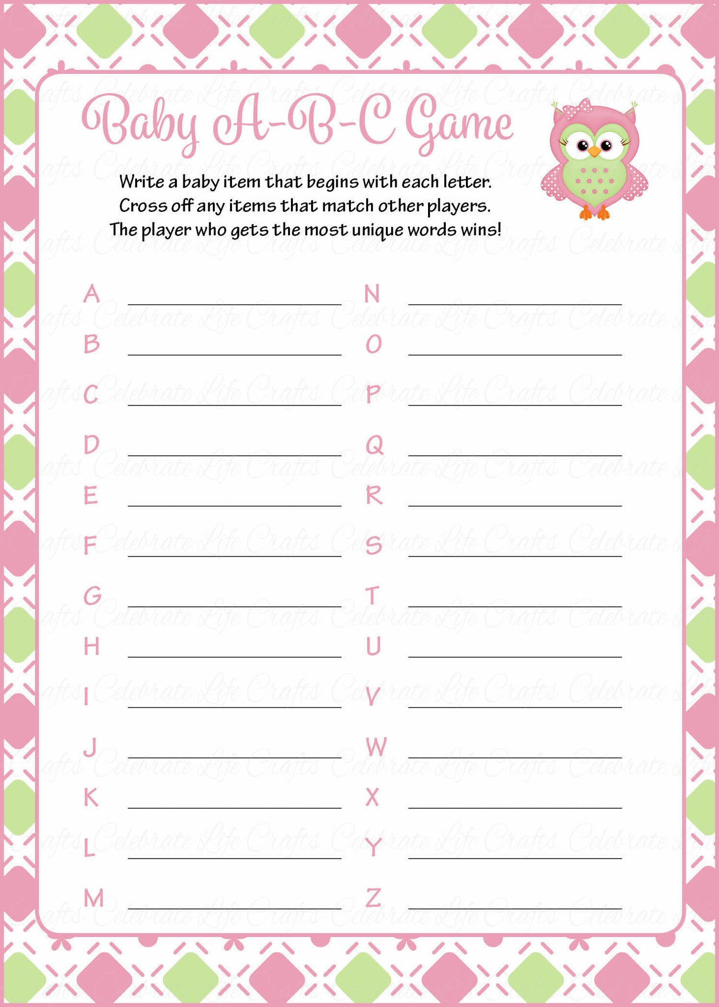 Baby ABC's Baby Shower Game - Owl Baby Shower Theme for Baby Girl