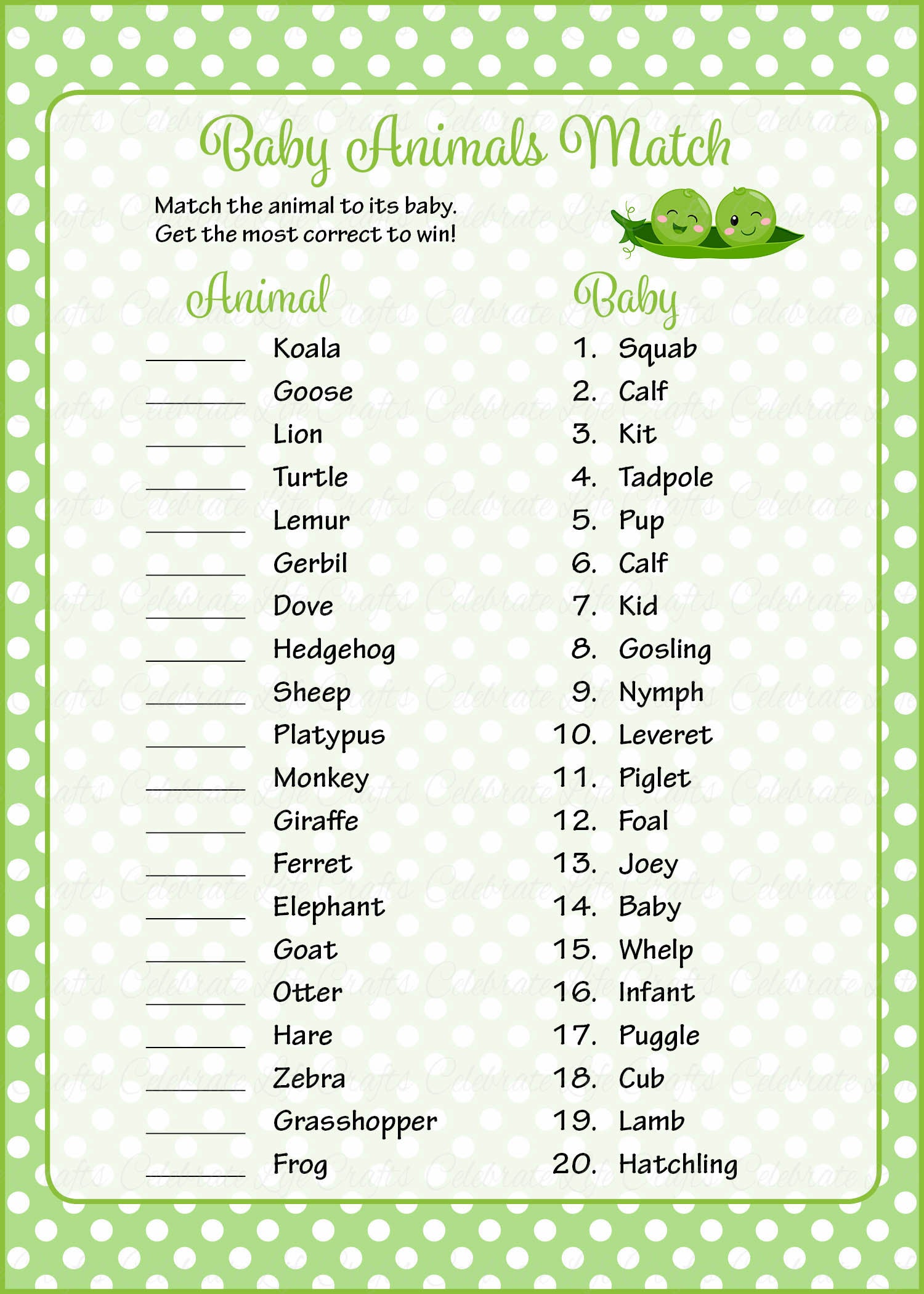 Baby Animals Match Baby Shower Game - in a Pod Baby Shower Theme for Baby Boy Twins - Green Polka Dots Celebrate Crafts