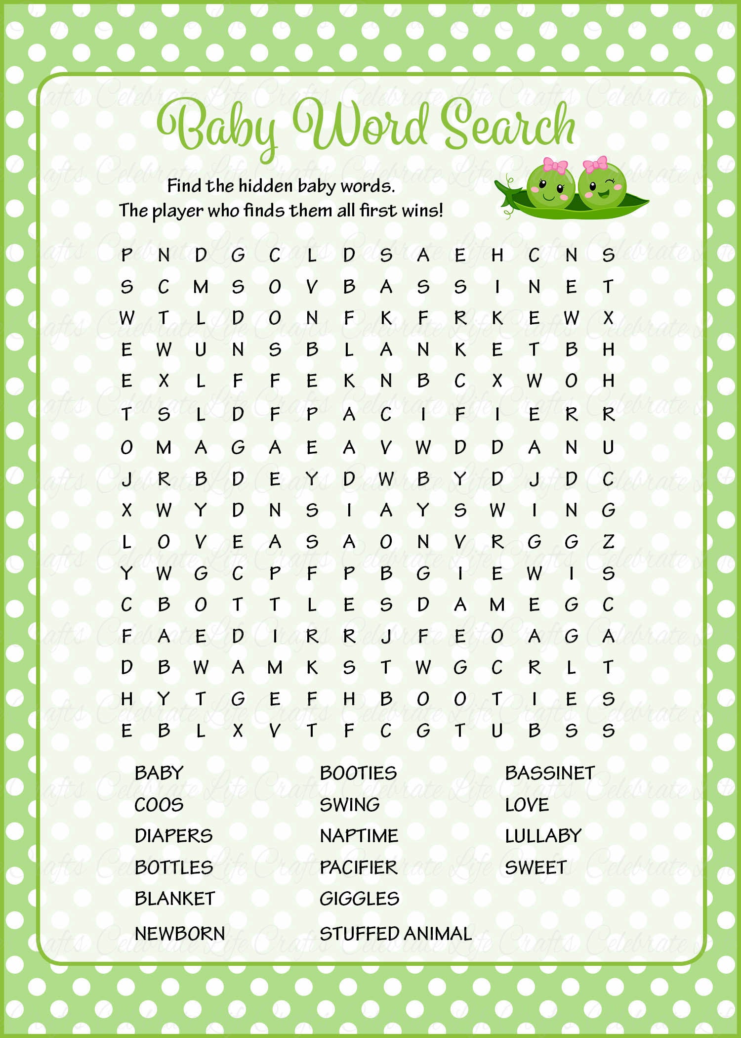 Word Search Baby Shower Game - Peas in a Pod Baby Shower for Baby Girl Twins - Green Dots – Life Crafts