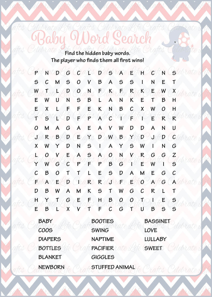 Elephant Baby Shower Baby Word Search