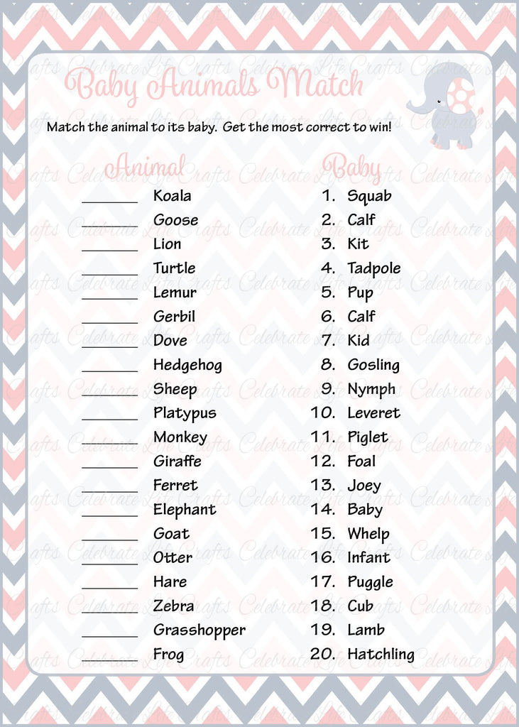 Elephant Baby Shower Baby Animals Match Game