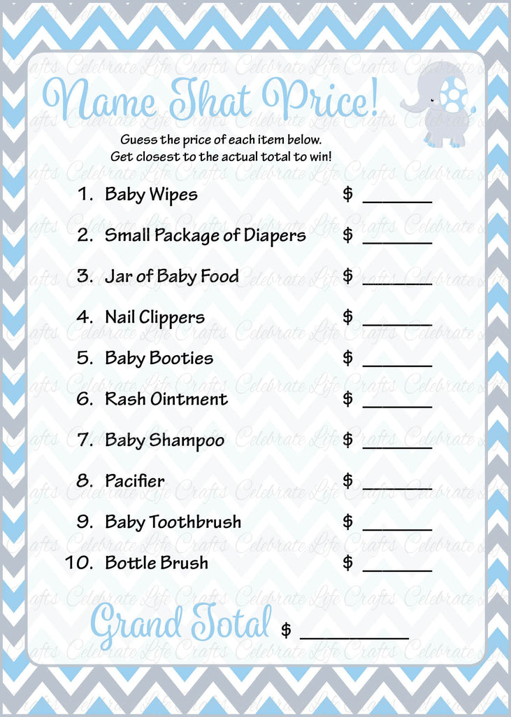 Elephant Baby Shower Name That Price Game