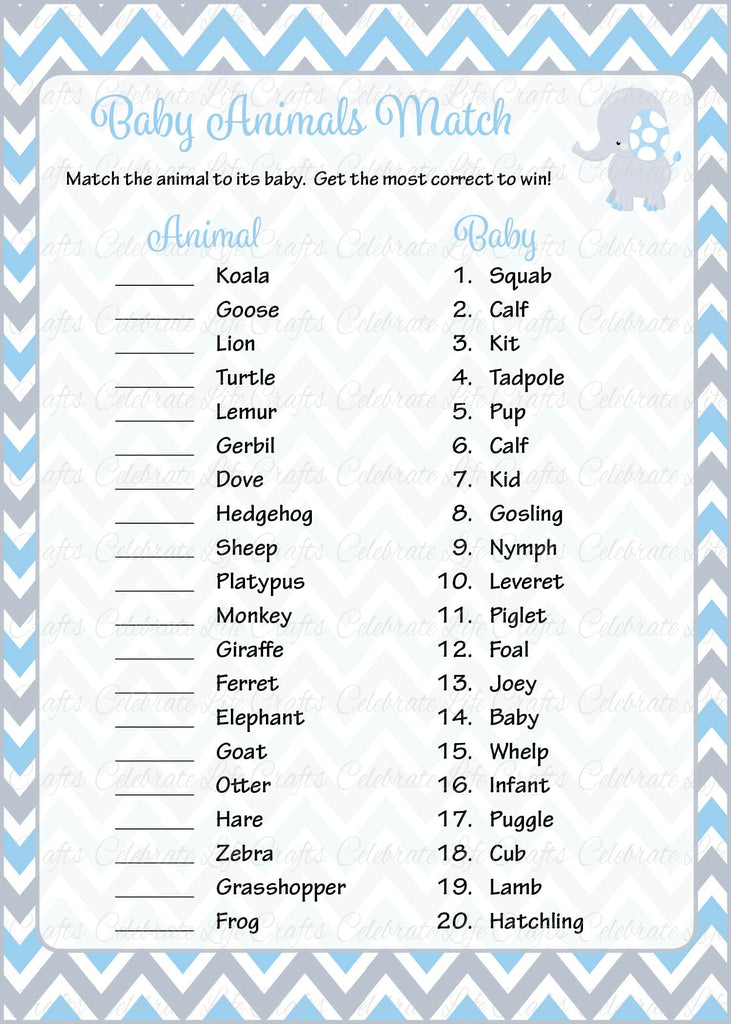 Elephant Baby Shower Baby Animals Match Game