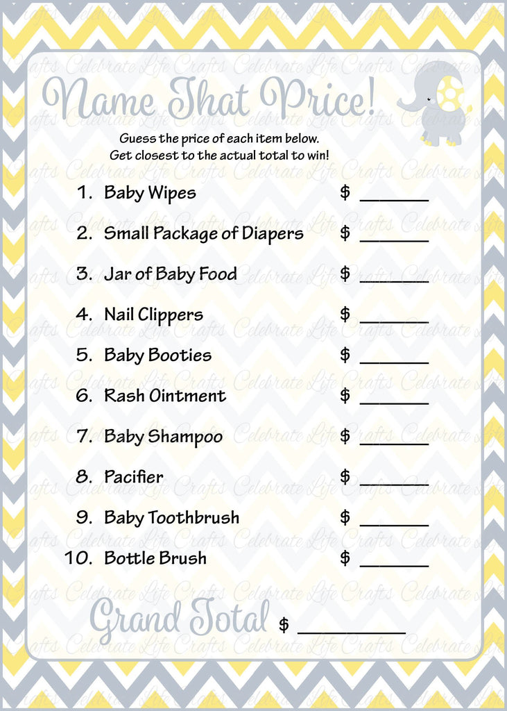Elephant Baby Shower Name That Price Game