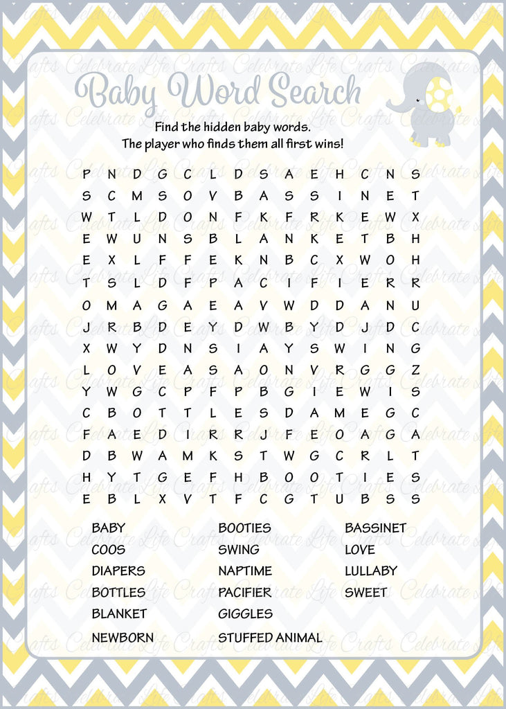Elephant Baby Shower Baby Word Search