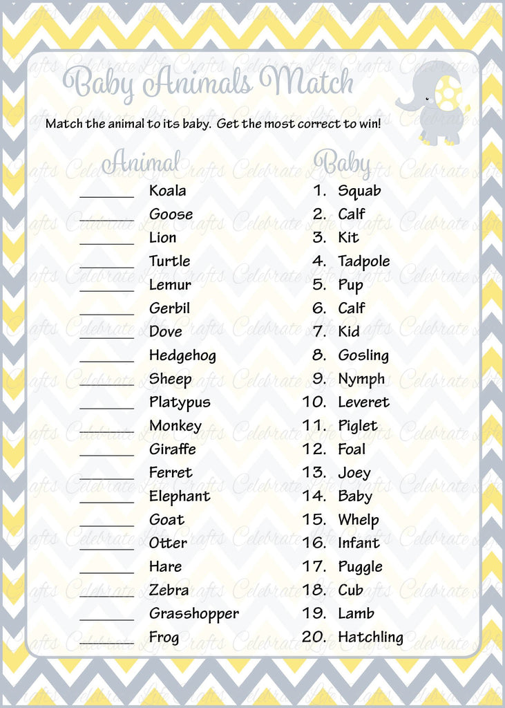 Elephant Baby Shower Baby Animals Match Game