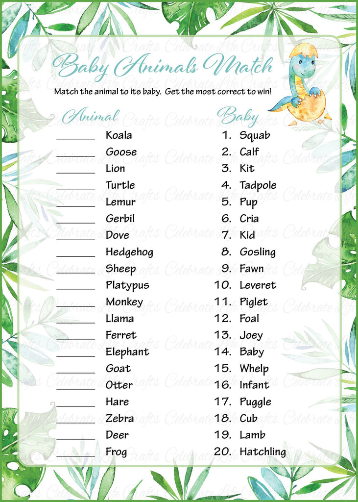 Dinosaur Baby Shower Baby Animals Match Game