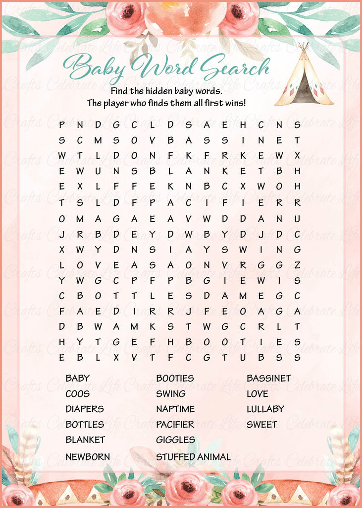Boho Baby Shower Baby Word Search