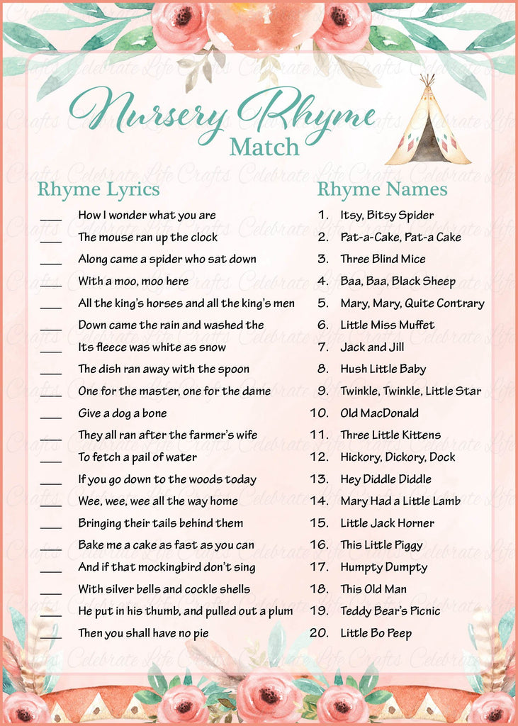 Boho Baby Shower Nursery Rhyme Match Game