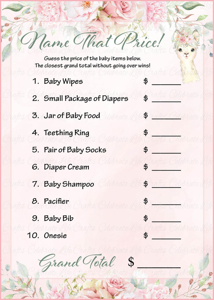 Llama Baby Shower Name That Price Game