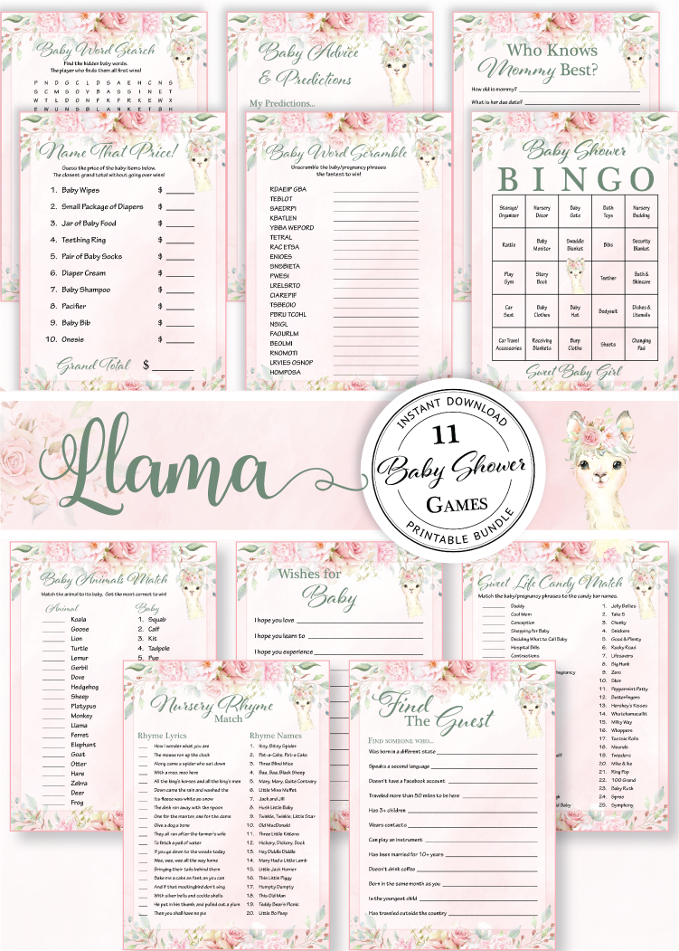 Llama Baby Shower Signs Bundle  Pink Floral Girl – Celebrate Life Crafts