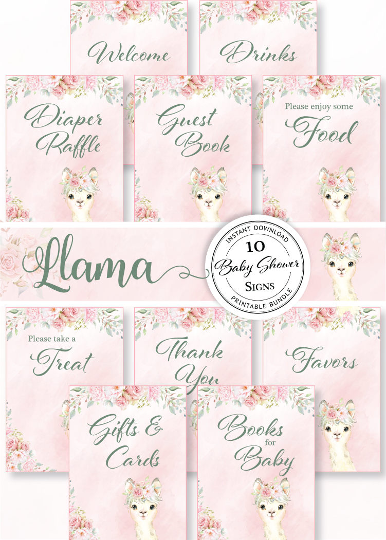 Llama Baby Shower Signs Bundle  Pink Floral Girl – Celebrate Life Crafts