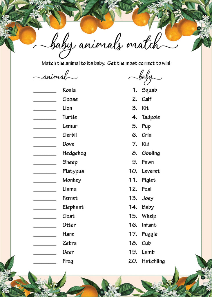 Little Cutie Baby Shower Baby Animals Match Game