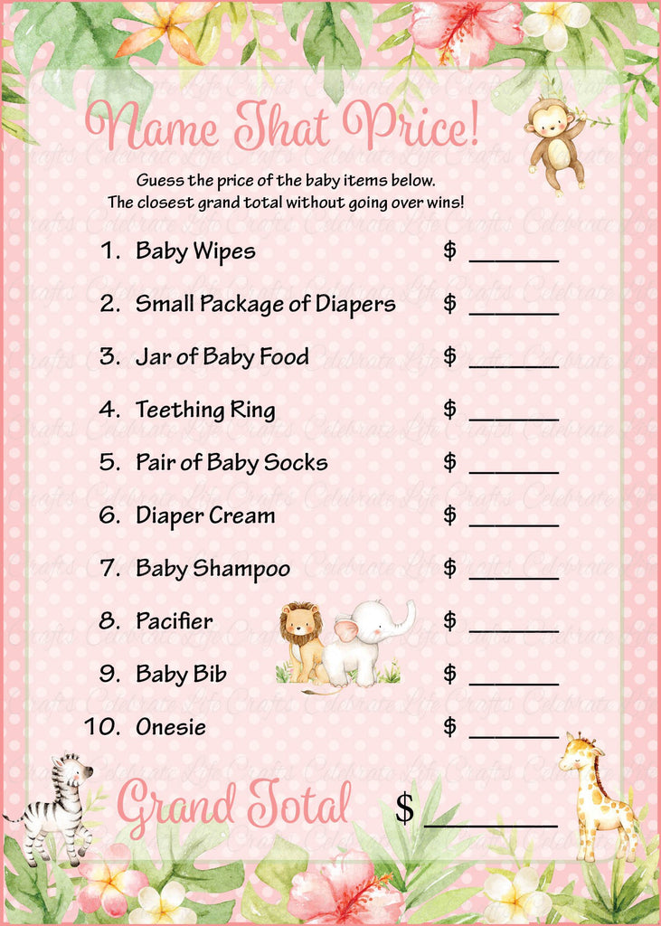 Pink Safari Baby Shower Name That Price Game