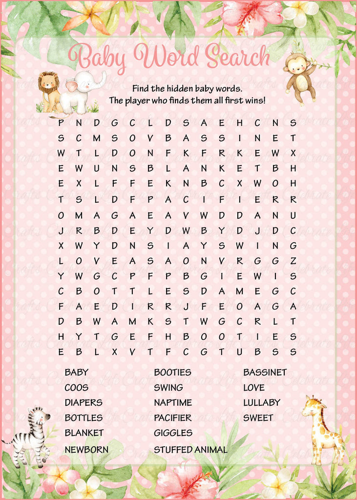 Pink Safari Baby Shower Baby Word Search
