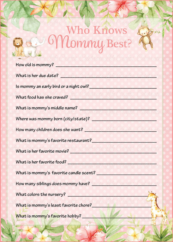 Pink Safari Baby Shower Who Knows Mommy Best Game