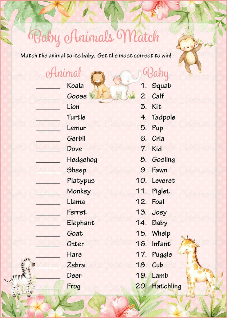 Safari Baby Shower Baby Animals Match Game