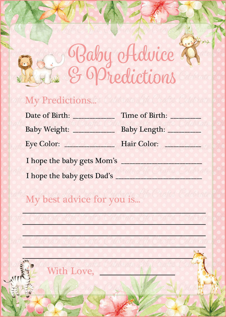 Pink Safari Baby Shower Prediction and Advice Cards