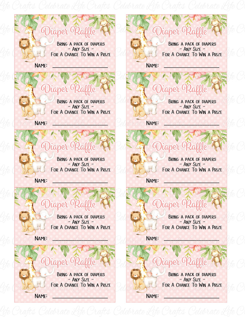 Pink Safari Baby Shower Diaper Raffle Ticket