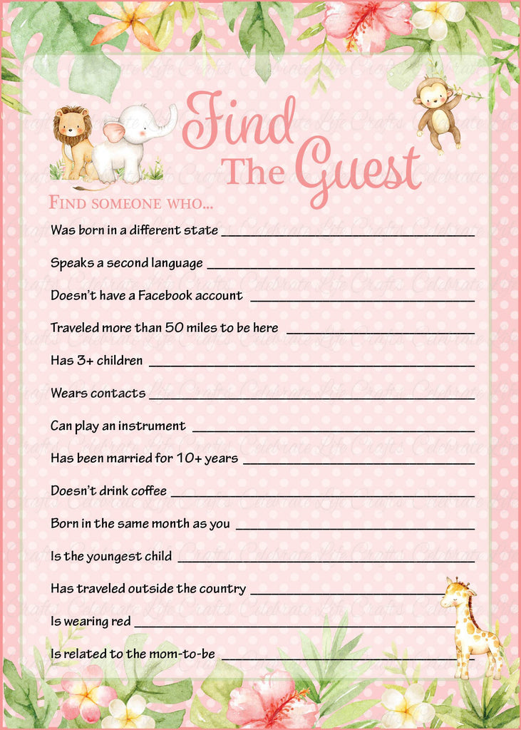 Pink Safari Baby Shower Find The Guest Game