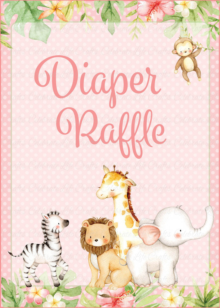 Pink Safari Baby Shower Diaper Raffle Sign