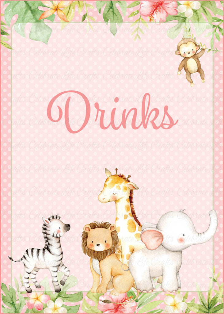 Pink Safari Baby Shower Drinks Sign