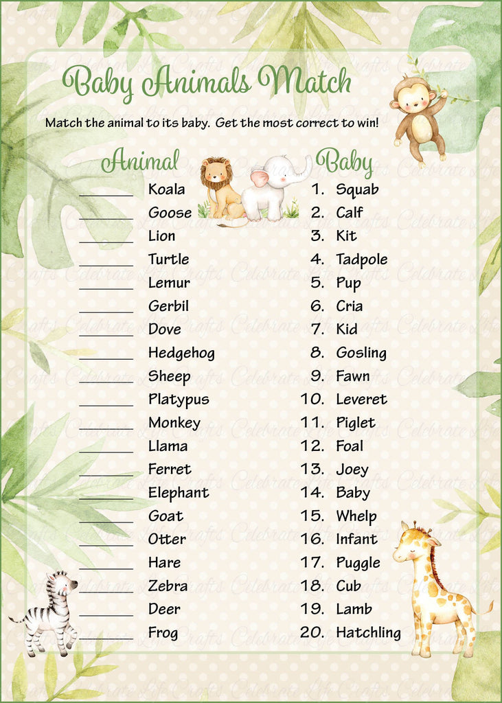 Safari Baby Shower Baby Animals Match Game