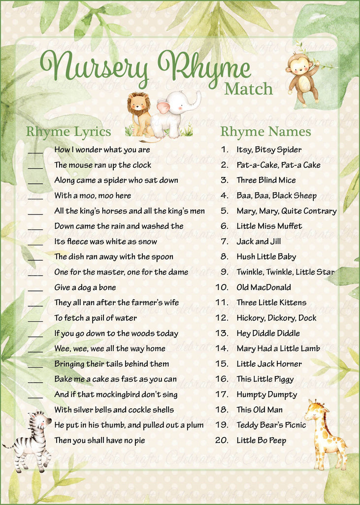  Safari Baby Shower Nursery Rhyme Match Game