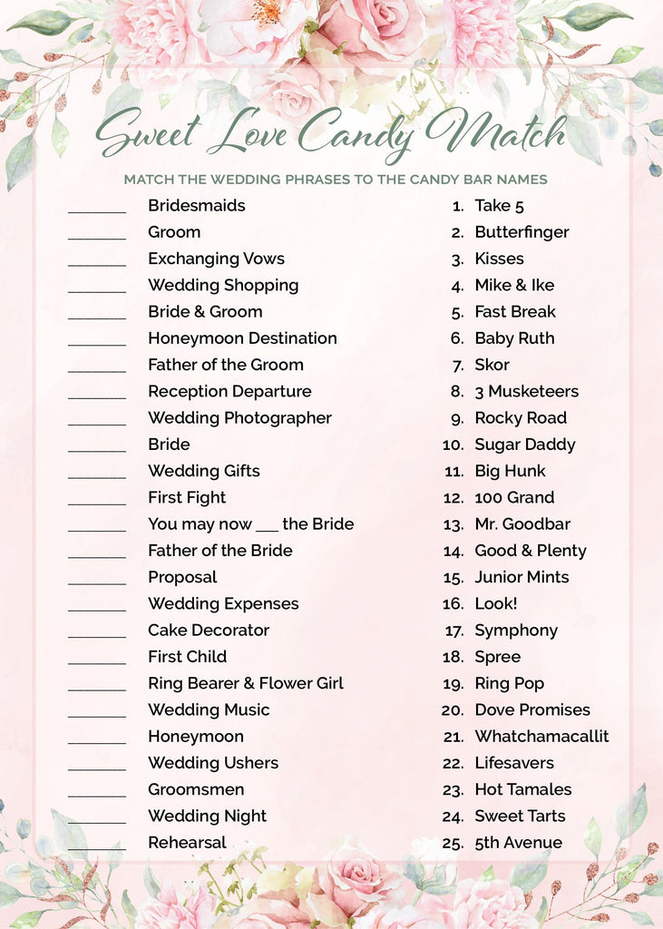 Sweet Love Candy Match Bridal Shower Game