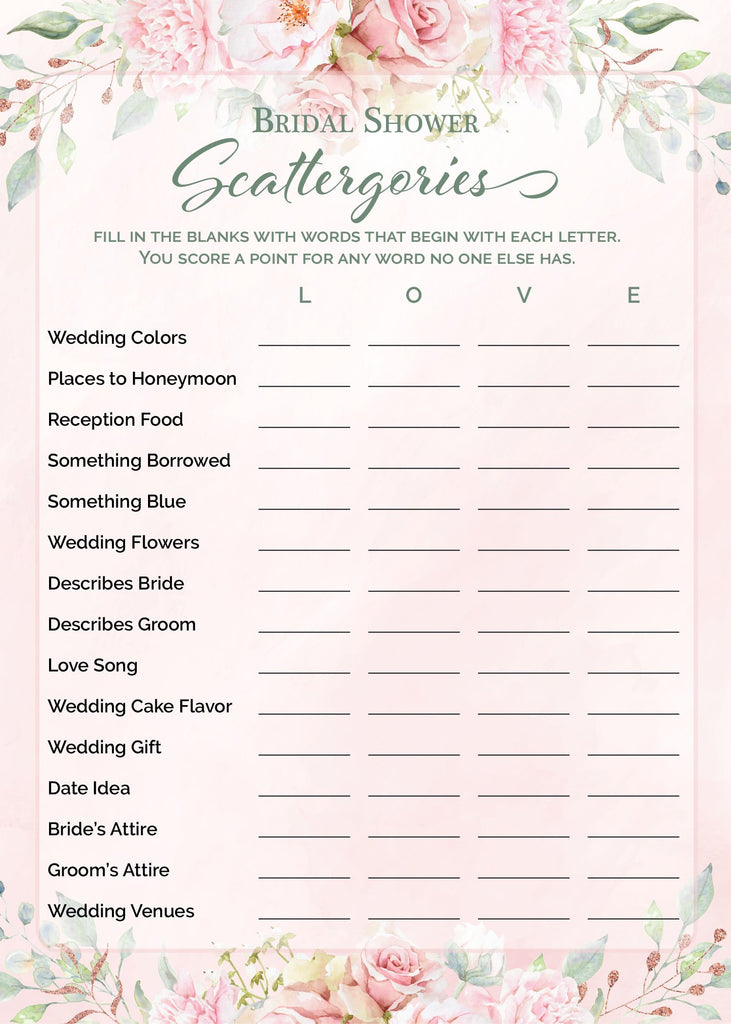 Bridal Shower Scattergories