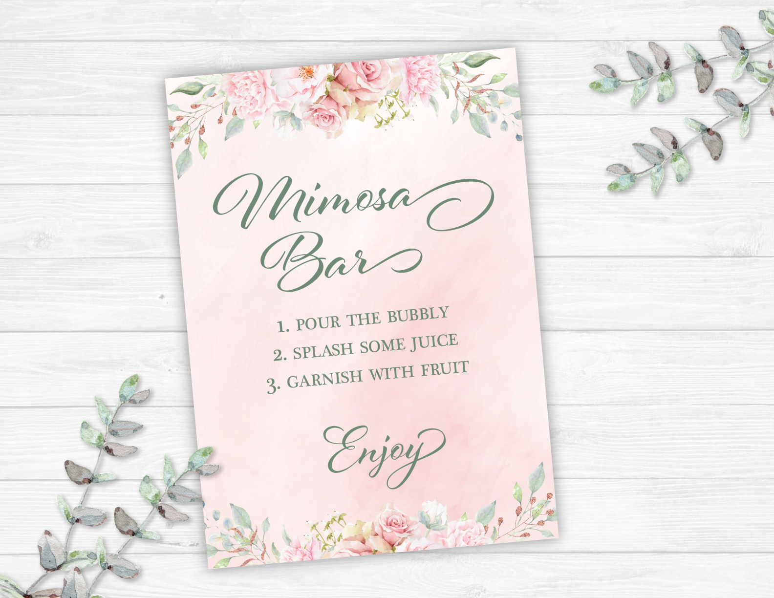 Blush Pink Floral Mimosa Bar Sign Printable, Bubbly Bar Sign